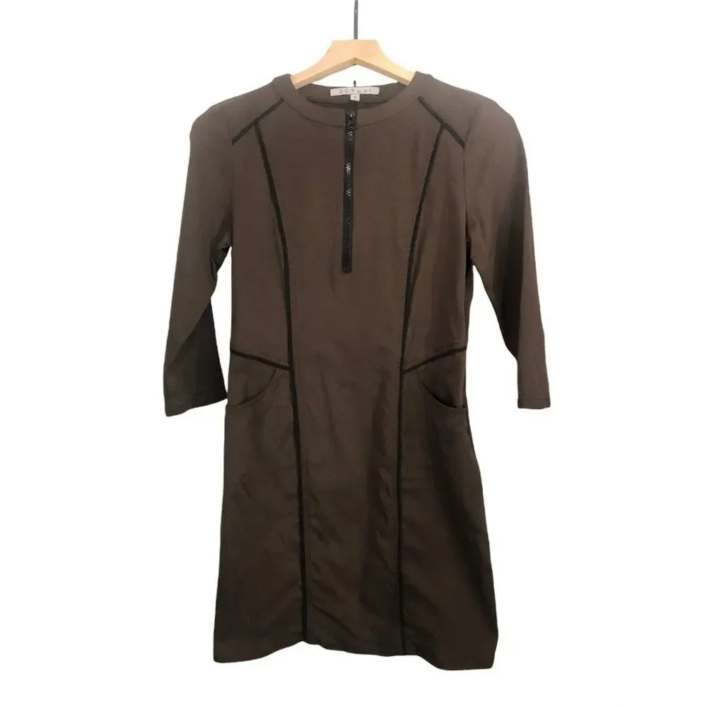 209 WST brown 3/4 sleeve straight fitted cut Sheath zip front crew neck SIZE 6